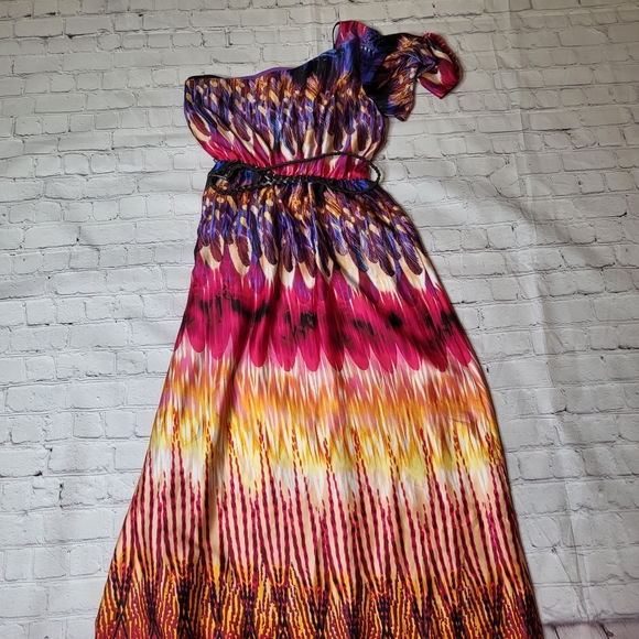 Bisou Bisou One-Shoulder Maxi Dress - Rainbow Feather Print - Size 4 - Picture 10 of 13